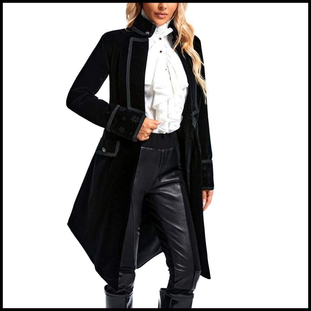 Victorian Gothic Velvet Tailcoat Jacket with Lace Trim, Adjustable Waist